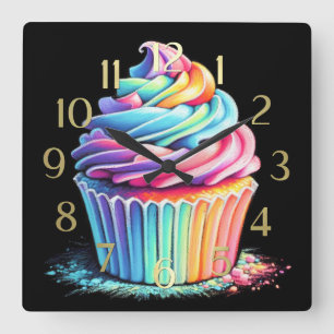 Pastel Drawing Rainbow Swirl Frosting Cupcake Square Wall Clock