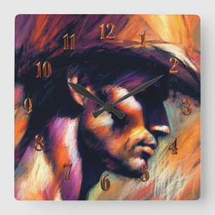 Pastel Drawing Rough Style Sketch Shirtless Cowboy Square Wall Clock