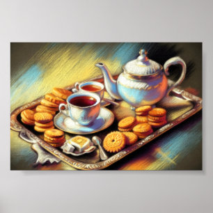 Pastel Drawing Tea Time Service Cookies Poster