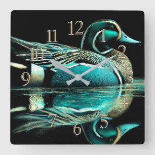 Pastel Drawing Teal Duck on Water Square Wall Clock