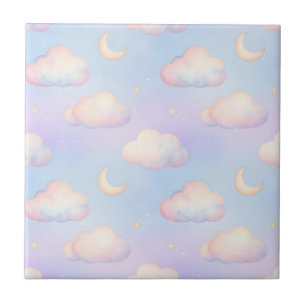 Pastel Dreamy Clouds Crescent Moon Pattern Ceramic Tile