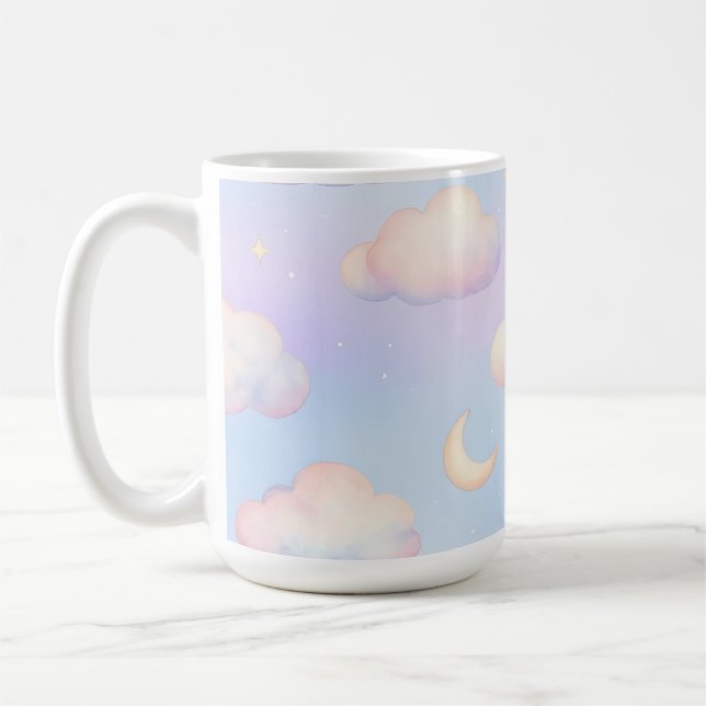 Pastel Dreamy Clouds Crescent Moon Pattern Coffee Mug (Left)