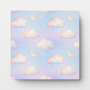 Pastel Dreamy Clouds Crescent Moon Pattern Plaque