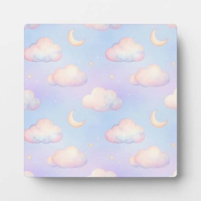 Pastel Dreamy Clouds Crescent Moon Pattern Plaque (Front)
