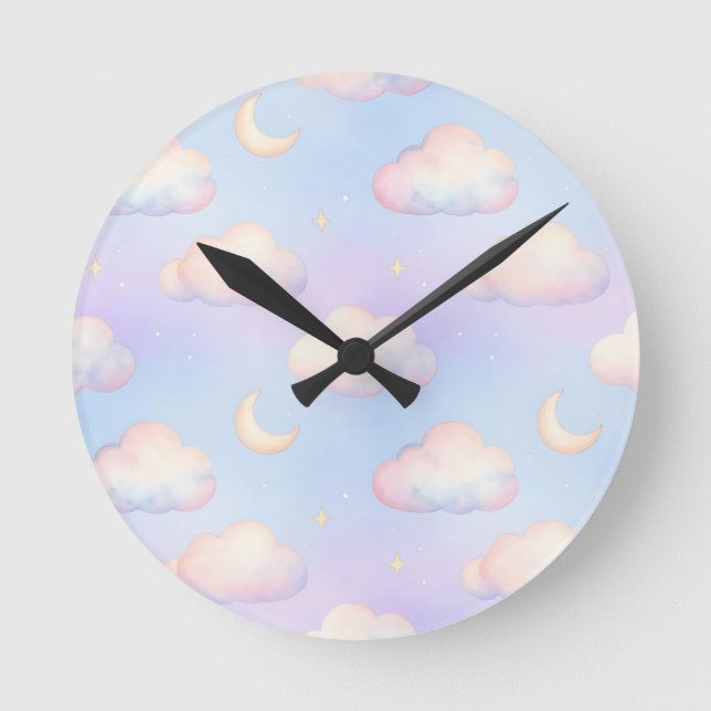 Pastel Dreamy Clouds Crescent Moon Pattern Round Clock (Front)