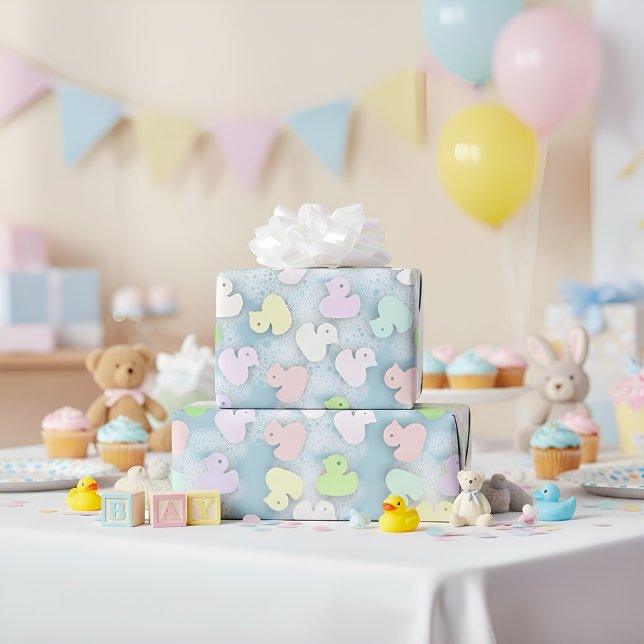 Pastel Ducks- Milky Bath Wrapping Paper (Pastel rubber ducks on a bubbly blue background for sweet baby showers and cute kids’ gifting.)