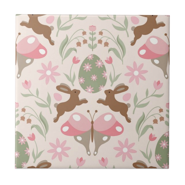 Pastel Easter Bunny and Flower Pattern  Ceramic Tile (Front)