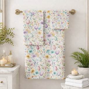 Pastel Easter Egg and Spring Floral Pattern Bath Towel Set