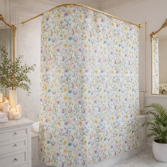 Pastel Easter Egg and Spring Floral Pattern Shower Curtain (Creator Uploaded)