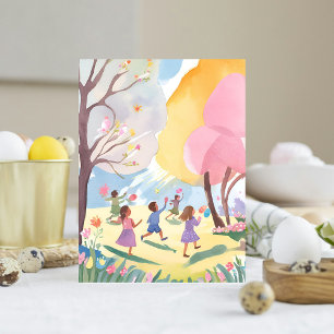 Pastel Easter Egg Hunt Floral Handmade Watercolor Holiday Postcard