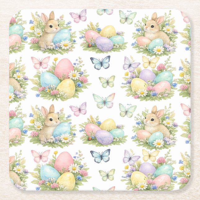 Pastel Easter Eggs & Bunnies Flowers & Butterflies Square Paper Coaster (Front)