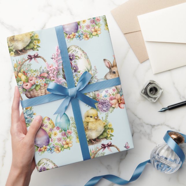 Pastel Easter Eggs, Bunny, Chick Floral Blue Wrapping Paper (Gifting)