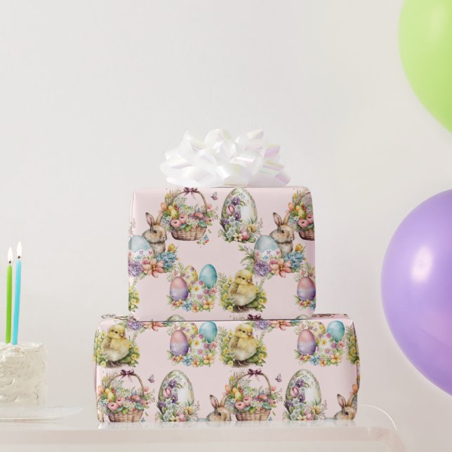  Pastel Easter Eggs, Bunny, Chick Floral Pink Wrapping Paper (Party Gifts)