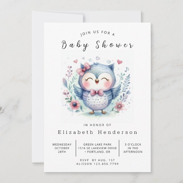 Pastel Editable Owl Baby Shower Invitation (Front)