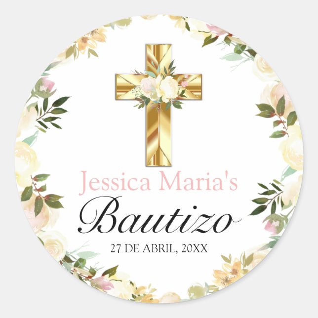 Pastel Elegante Bautizo Amarillo Bebé Classic  Round Sticker (Front)