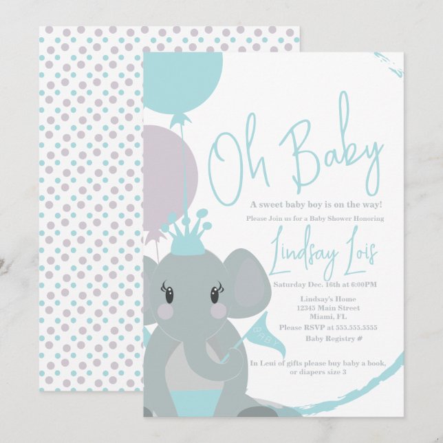 Pastel Elephant Baby Girl Script Baby Shower  Invitation (Front/Back)