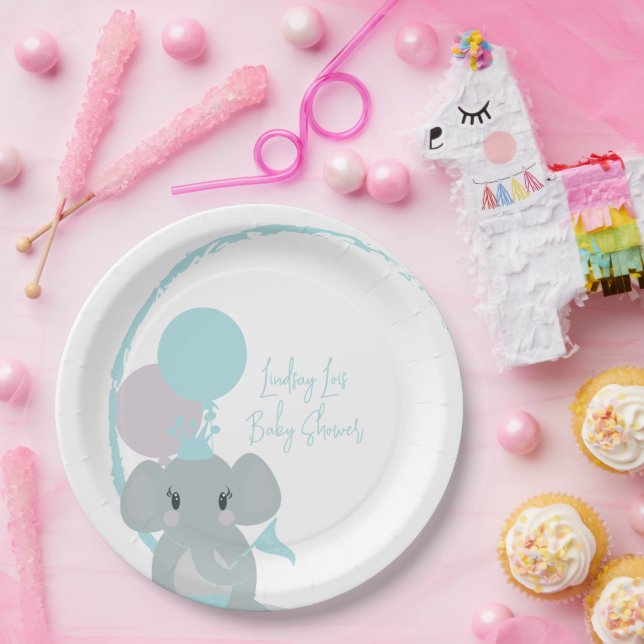 Pastel Elephant Baby Girl Script Baby Shower    Paper Plate (Party)