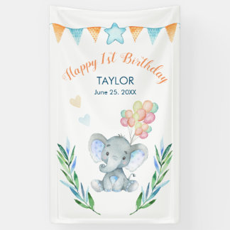Pastel Elephant Blush Blue Star Happy Birthday Banner