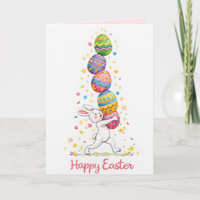 Pastel Embroidered Bunny Easter personalized Card (Front)