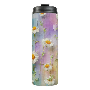 PASTEL EMBROIDERY LOOK DAISY FLOWERS THERMAL TUMBLER