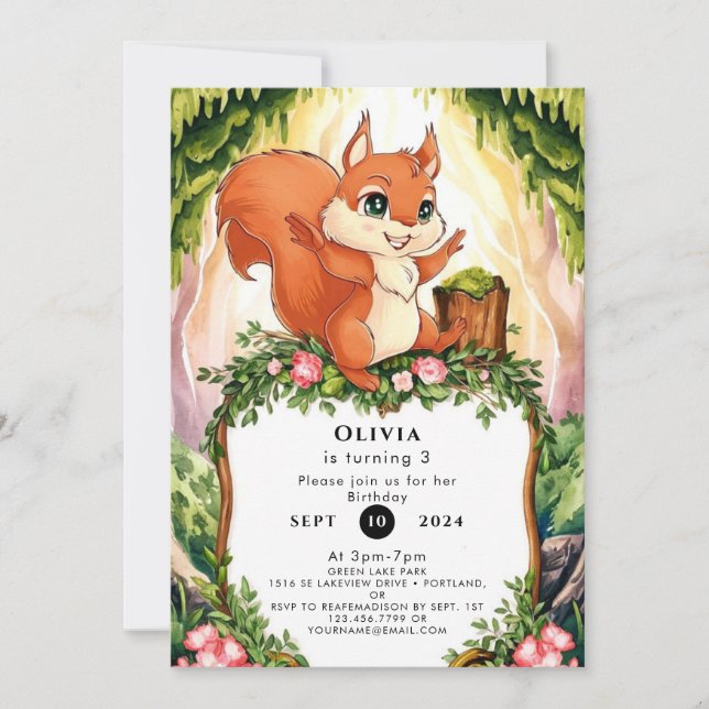 Pastel Enchanted Squirrel Birthday Invitation (Front)