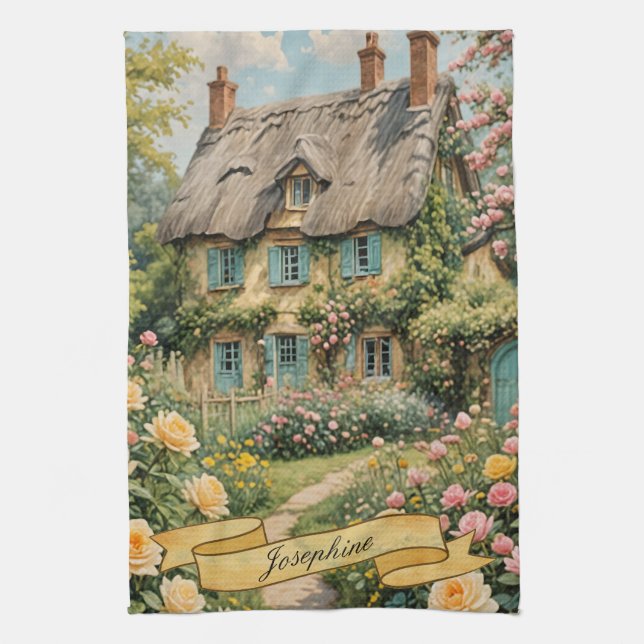 Pastel English Cottage in the Countryside Tea Towel (Vertical)