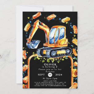Pastel Excavator Construction Birthday Invitation