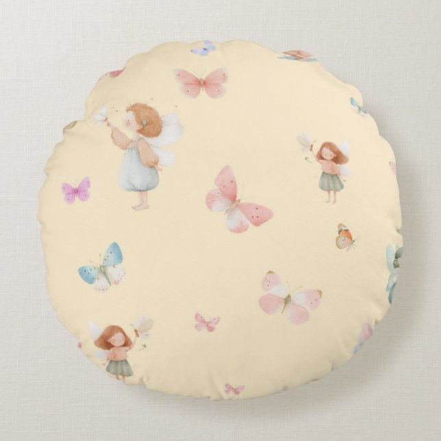 Pastel Fairy Pattern Cute Butterfly Nursery Design Round Cushion (Front)