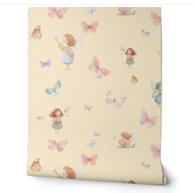 Pastel Fairy Pattern Cute Butterfly Nursery Design Wallpaper (Unrolling)