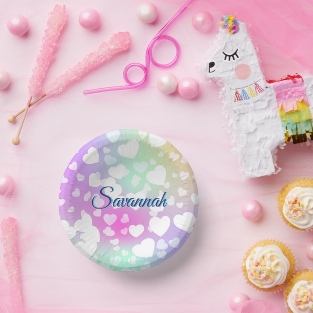 Pastel Falling Hearts Personalised      Paper Plate (Party)
