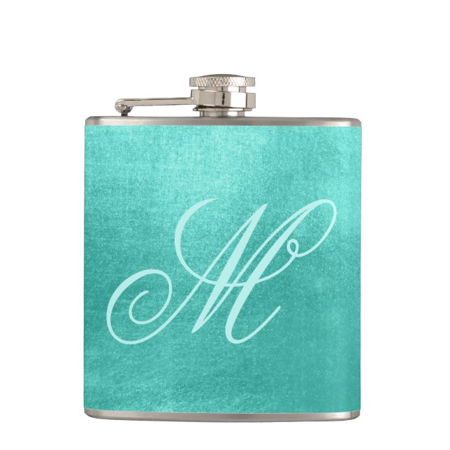 Pastel Fancy Monogram Shiny Turquoise Foil Hip Flask (Front)