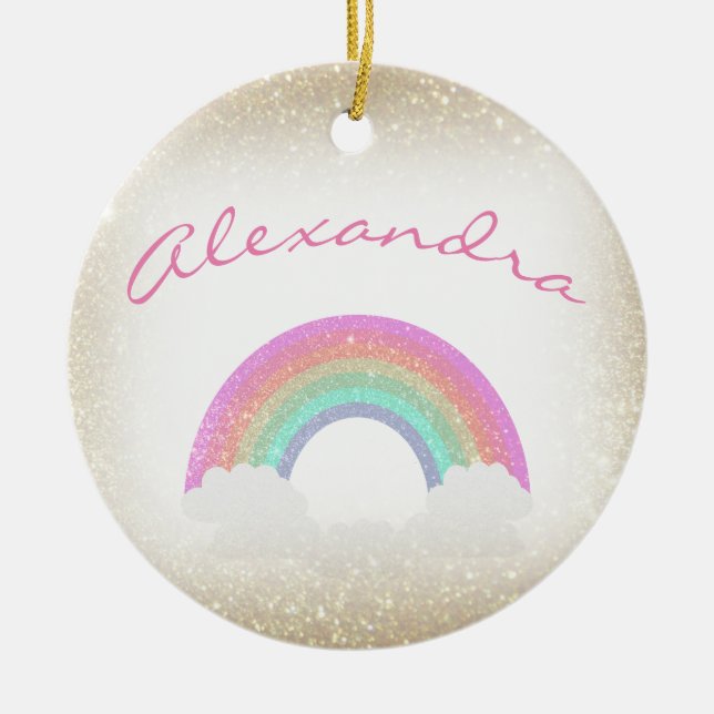 Pastel Faux Glitter Rainbow with Custom Name Ceramic Ornament (Front)