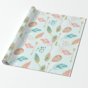 Pastel Feathers & Gold Arrows Gift Wrap Paper