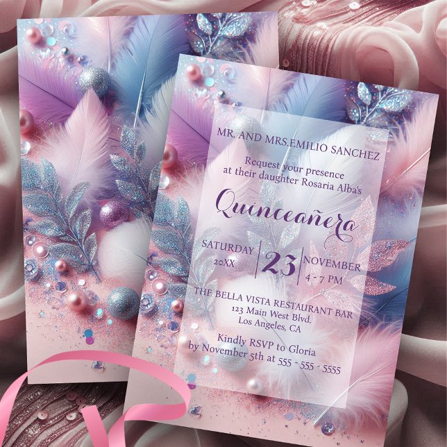 Pastel Feathers Pearls Glitter Leaves Quinceañera Invitation (Creator Uploaded)
