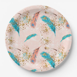 Pastel Feathers Pink Teal Blue Gold Paper Plate