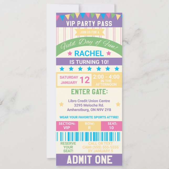 Pastel Field Day, Sports Themed Ticket Birthday Invitation (Front)