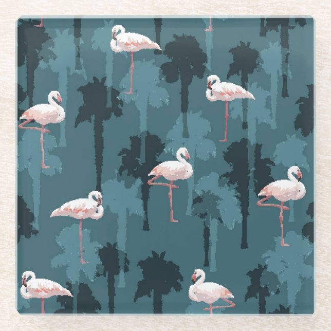 Pastel Flamingos On Teal Glass Coaster (Front)