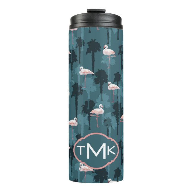 Pastel Flamingos On Teal | Monogram Thermal Tumbler (Front)