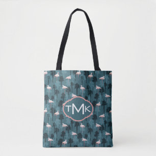 Pastel Flamingos On Teal   Monogram Tote Bag