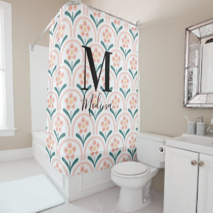 Pastel Flora Pattern Black Monogram Modern Script Shower Curtain