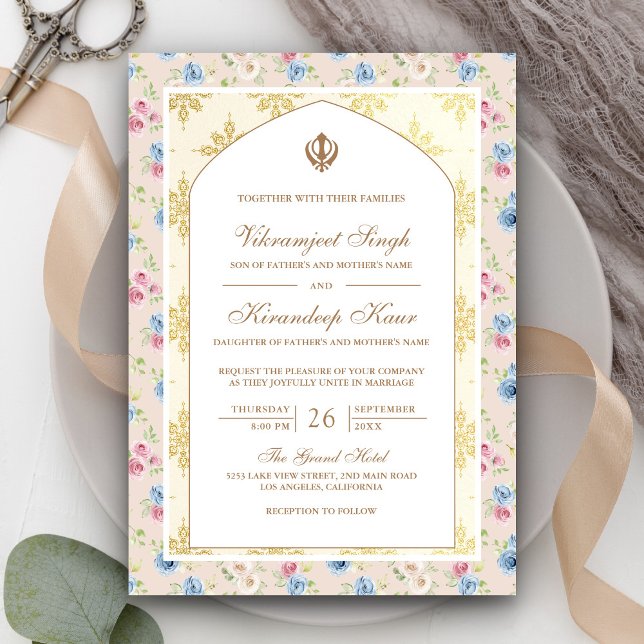Pastel Floral Anand Karaj Punjabi Sikh Wedding Invitation (Creator Uploaded)