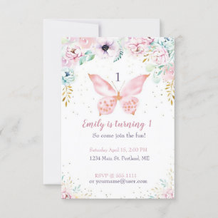 Pastel floral and butterfly baby birthday party  invitation