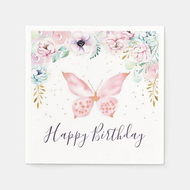 Pastel floral and butterfly baby birthday party napkin (Front)