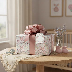 Pastel floral and butterfly baby birthday wrapping paper