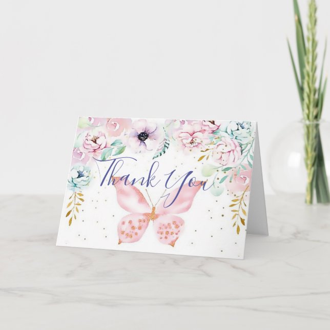 Pastel floral and butterfly baby shower  thank you card (Front)