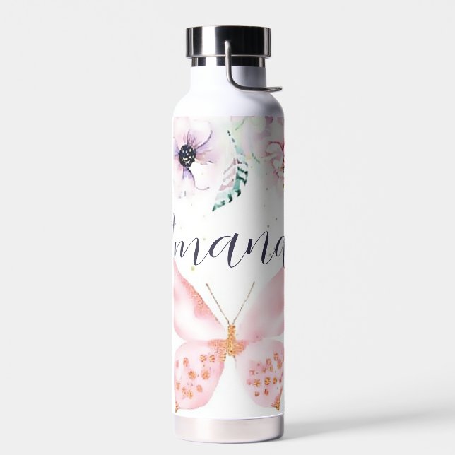 Pastel floral and butterfly personalised water bottle (Left)