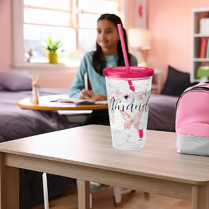 Pastel floral and butterfly personalized acrylic tumbler