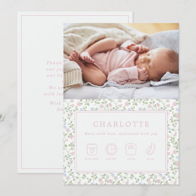 Pastel Floral Baby Birth Announcement Photo Card  (Front/Back)