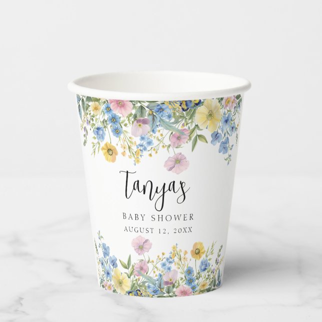 Pastel Floral Baby in Bloom Watercolor Paper Cups (Front)
