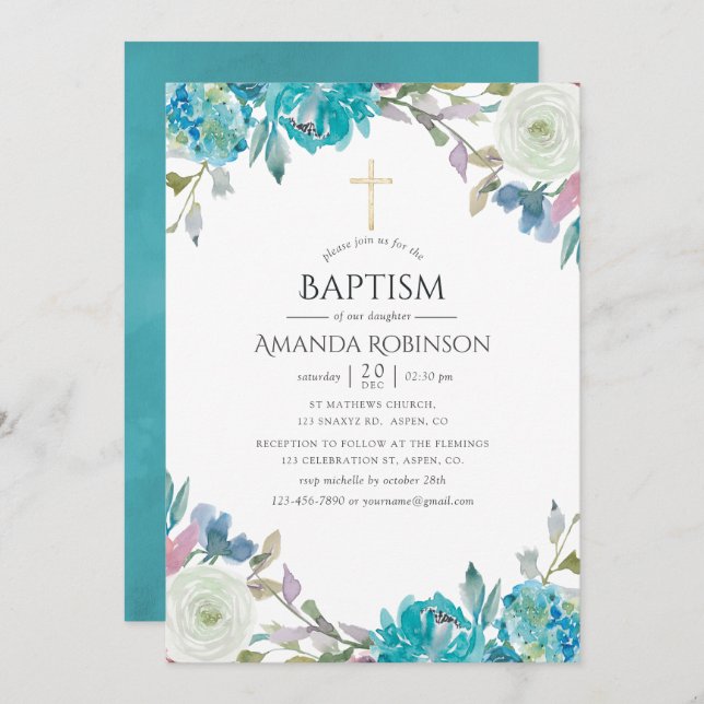Pastel Floral Baptism or Christening Invitation (Front/Back)